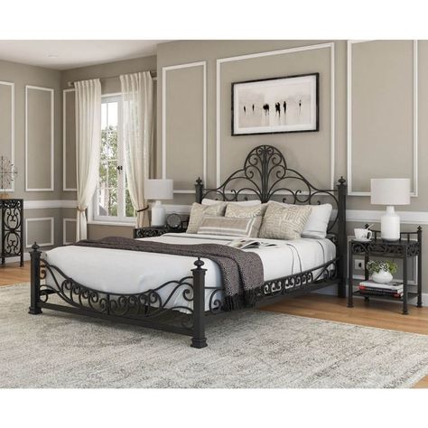 Picture of Appenzell Antique 3 Piece Black Wrought Iron Bedroom Set Black Wrought Iron Bed, Wrought Iron Bedroom, Antique Style Bedroom, Black Iron Beds, Wrought Iron Headboard, Wrought Iron Bed Frames, Iron Headboard, Handcrafted Bed, Wrought Iron Bed