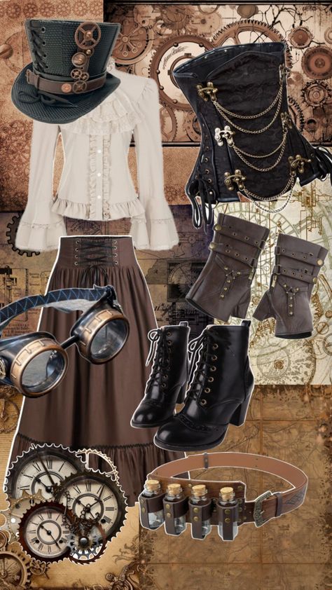 #steampunk #aesthetic #cute #collage #outfit Steampunk Fashion Accessories, Aesthetic Steampunk Outfit, Steampunk Outfit Aesthetic, Steampunk Fashion Aesthetic, Easy Steampunk Costume Diy, Steampunk Goth Outfits, Steam Punk Outfits Women, Casual Steampunk Outfits, Steampunk Aesthetic Outfit