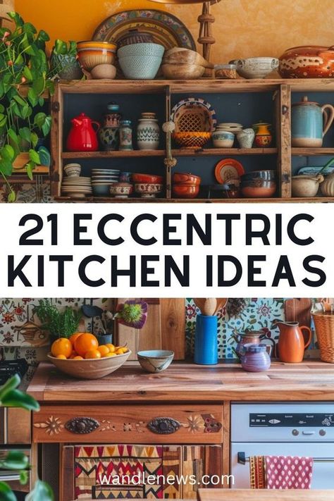 A boho-themed kitchen features a warm, earthy color palette with vibrant accents, combining natural materials like terracotta and wood with eclectic decor. Eclectic Earthy Decor, Earthy Boho Kitchen, Eclectic Kitchen Bohemian, Small Boho Kitchen, Colorful Boho Kitchen, Colorful Kitchen Cabinets, Colorful Eclectic Kitchen, Kitchen Ideas Color, Kitchen Terracotta