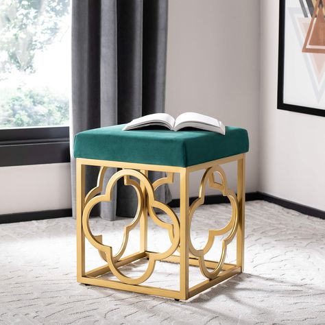 PRICES MAY VARY. This glamorous ottoman has a timeless style that works beautifully in any living room or bedroom Moroccan inspired gold metal legs provide a sturdy foundation Plush emerald green velvet with a gold Moroccan quatrefoil design adds a Hollywood Glam touch Ottoman measures 16. 5" wide x 16. 5" deep x 19" high Safavieh has been a trusted brand in home furnishings for over 100 years, providing quality craftsmanship and unmatched style Square Ottoman, Ottoman In Living Room, Furniture Outlet Stores, Upholstered Seating, Accent Furniture, Master Suite, Quality Furniture, Color Scheme, Online Furniture