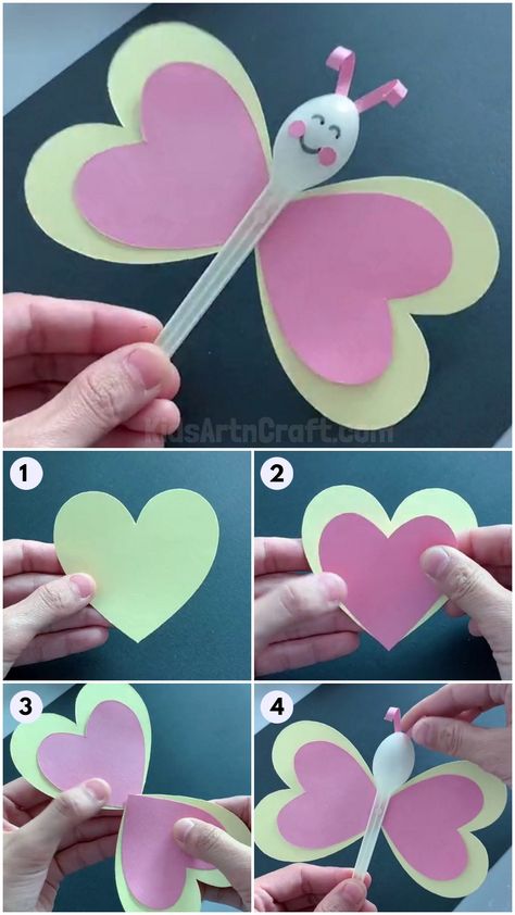 DIY Heart Shape Butterfly Tutorial For Kids Check more at https://www.kidsartncraft.com/diy-heart-shape-butterfly-tutorial/ Step By Step Crafts, How To Make Butterfly, Mather Day, Butterfly Tutorial, Shape Butterfly, Diy Heart, Toddler Arts And Crafts, Valentines Day Crafts, Hand Crafts For Kids