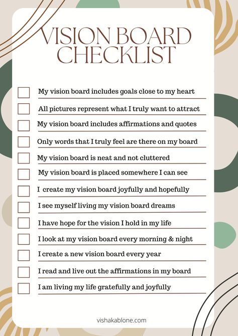 Vision Board Checklist for manifestation - Vishaka Blone 2024 Manifestation List, 2024 Vision Board Planning, Diy Vision Board Inspiration Wall, Materials For Vision Board, How To Make Visionboard, Vision Bored 2024, What Do You Need For A Vision Board, Building A Vision Board, Vision Boards For Manifestation Examples