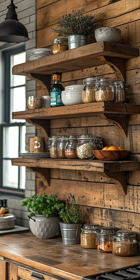 Natural Rustic Decor, Vintage House Inspiration, Rustic Kitchen Shelves, Barn Remodel, Kitchen Shelf Decor, Rustic Country Kitchens, Virginia House, Beach Cabin, Rustic Kitchen Design