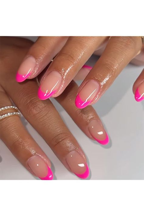 Top Dominican Nail Designs for Summer 2024 Medium Length Almond Nails French Tip, Cute Acrylic Nails Spring, Bright Pink Nails French Tip, Bright Pink Tip Nails, Bright Pink French Nails, Spring Break Nail Ideas French Tip, French Manicure Hot Pink, Nude And Pink Nail Designs, Neon Pink Tip Nails