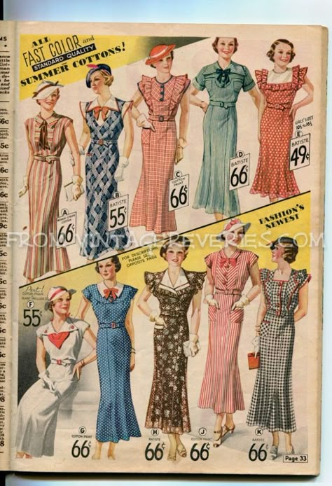 Summer dress fashions from the 1935 Chicago Mail Order Catalog, including two full color pages. Illustrations of the 1930s silhouette and dress lines. 1930s Fashion Women, 1930's Dresses, Vintage Fashion 1930s, 1930 Fashion, 1930s Style, 1930's Fashion, 1930s Dress, 30s Fashion, Vintage Dress Patterns