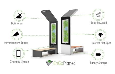 EnGoPLANET's Smart Solar Benches are new urban furniture that will help cities, universities, retail or business centers to create better and more safer and user friendly environments.  Powered by solar energy, Smart Bench will provide many cool features. Bus Stop Design, Urban Furniture Design, Wuxi, Bench Designs, Urban Furniture, Solar Heating, Green Technology, Street Furniture, Smart City