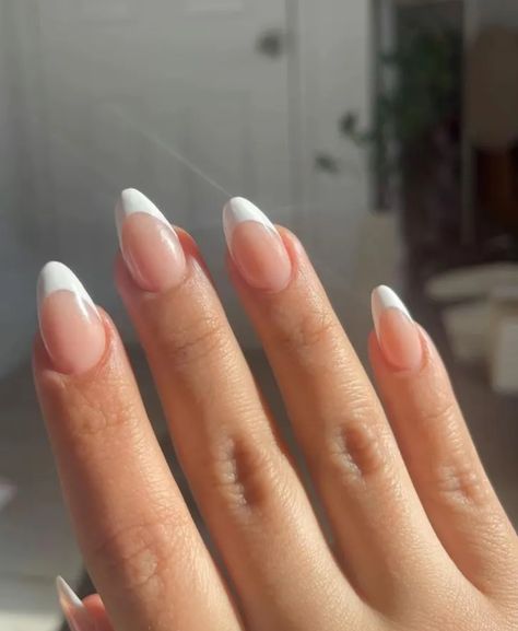 Almond Pink And White French Tip Nails, Short French Almond Nails, Almond Nail French Tip, White Almond French Tip Nails, Simple Nail Designs French Tip, Short Almond French Tip, French Tips Almond, Almond French Tips, Christmas Nail Inspiration