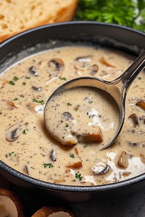 Warm up with a comforting bowl of rich, creamy mushroom soup. Made with fresh mushrooms, herbs, and a touch of garlic, this soup is perfect for chilly days and brings a restaurant-quality flavor to your kitchen. Save this recipe for an easy dinner #mushrooms #souprecipe #comfortfood #fallrecipes #easysouprecipe #cozymeals #homemadesoup #dinnerideas #souplovers Slow Cooker Cream Of Mushroom Soup, Prime Rib And Mushroom Soup, Cream Of Wild Mushroom Soup, Mushroom And Herb Soup, Best Cream Of Mushroom Soup Recipes, Mushroom Chicken Soup Recipes, Rustic Mushroom Soup, Slovak Mushroom Soup Christmas Eve, Polish Mushroom Soup Recipes