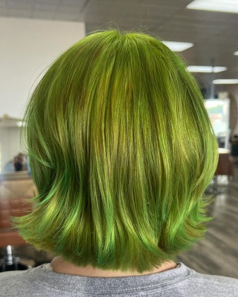 Sometimes we just need a little green bob in our lives #vivids #greenhair #green #vividhaircolor #hairgoals #hairstylist #hair #frenchbob Lime Green Peekaboo Hair, Olive Color Hair, Olive Green Hair, Green Bob, Peekaboo Hair, Vivid Hair Color, French Bob, Dye Ideas, Hair Dye Ideas