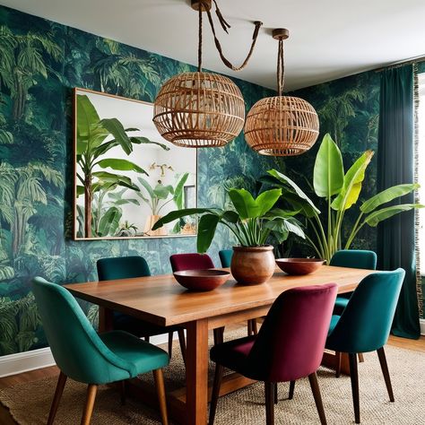 This dining room is seriously giving me all the lush, tropical vibes! The deep green jungle wallpaper instantly transports you to a rainforest, while those pops of jewel-toned chairs add just the right amount of color and contrast. The woven pendant lights and that gorgeous wooden table bring in such a warm, natural element, making it feel both exotic and grounded. And can we talk about the plants? It's like the room is alive! It’s a perfect blend of modern, nature-inspired design with an e... Contrast Dining Table And Chairs, Vibrant Dining Room Ideas, Tropical Wallpaper Dining Room, Jungle Dining Room, Airbnb Moodboard, Green Jungle Wallpaper, Mid Century Modern Dining Room Table, Teal Dining Room, Tropical Dining Room