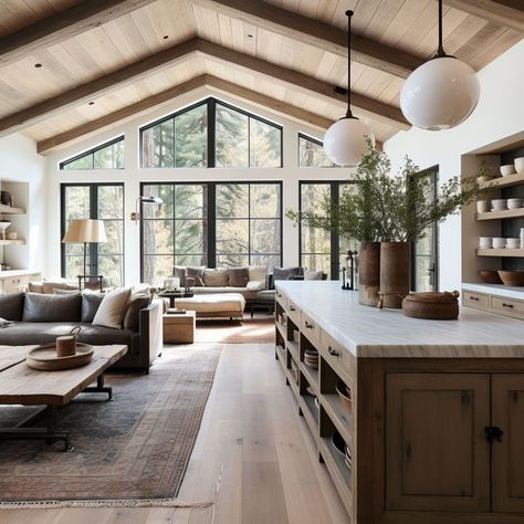 Vaulted Ceiling Ideas, Modern Cottage Style, Vaulted Ceiling Living Room, Exposed Rafters, Lots Of Windows, Cottage Style Homes, Modern Cottage, January 19, Mountain Resort