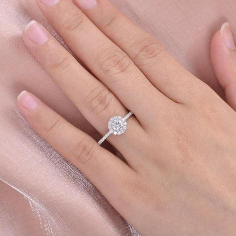 Unique Engagement Rings Halo, Wedding Ring White Gold, Round Halo Ring, Moissanite Halo Ring, Unique Wedding Ring, Petite Ring, Wedding Rings Halo, White Gold Wedding Rings, White Gold Engagement Ring