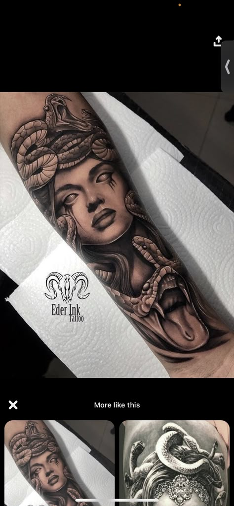 Arm Tattoos For Guys Forearm, Underboob Tattoo Designs, Half Sleeve Tattoos Forearm, Zeus Tattoo, Medusa Tattoo Design, Inner Arm Tattoo, Snake Tattoos, Hand Tattoos For Girls, Special Tattoos