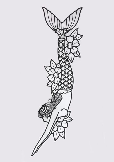 Traditional Mermaid Tattoo Designs, Old School Fairy Tattoo, Traditional Mermaid Tattoos Old School, Trad Mermaid Tattoo, Mermaid Tattoo Traditional, Old School Mermaid Tattoo, Mermaid Tattoo Drawing, American Traditional Tattoo Stencil, American Traditional Mermaid Tattoo