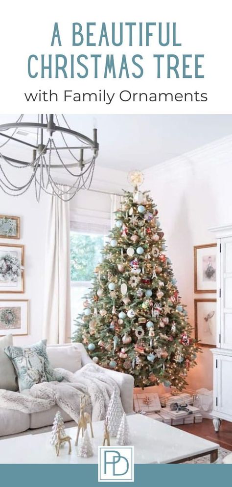 Do you love your family ornaments, but also love the look of a designer Christmas tree? Check out this simple guide teaching how-to create a beautiful designer Christmas tree that INCLUDES family ornaments. | Porch Daydreamer Family Room Christmas Tree, Sentimental Christmas Tree, Christmas Tree With Family Ornaments, Porch Daydreamer, Designer Christmas Tree, Ornaments Simple, Types Of Christmas Trees, Family Christmas Tree, Designer Christmas