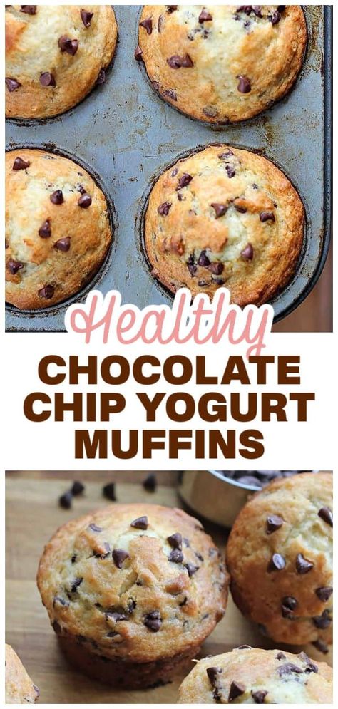 I totally love these Chocolate Chip Yogurt Muffins!  Bakery style, warm, melt-in-your-mouth fun!  Hearty, delicious muffins bursting with chocolate chips and made with Greek yogurt, because we love to use Greek yogurt! Greek Yogurt And Chocolate Chips, Chocolate Chip Muffins With Yogurt, Recipes That Use Vanilla Yogurt, Healthy Yummy Muffins, Greek Yogurt Muffins Gluten Free, Healthy Dessert With Greek Yogurt, Breakfast Recipes With Greek Yogurt, Protein Muffins Chocolate Chip, Banana Oat Greek Yogurt Muffins