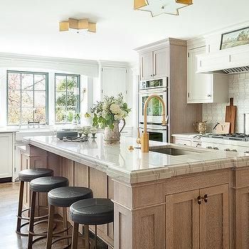 Wire Brushed Oak Kitchen Island with White Pleated Drum Shade Lights - Transitional - Kitchen Florida Kitchen Remodel, Wicker Counter Stools, White Quartzite Countertops, Kitchen Ideas Black, Coastal Kitchens, Grey Blue Kitchen, Lights Over Kitchen Island, Home Design Kitchen, Polished Nickel Faucet