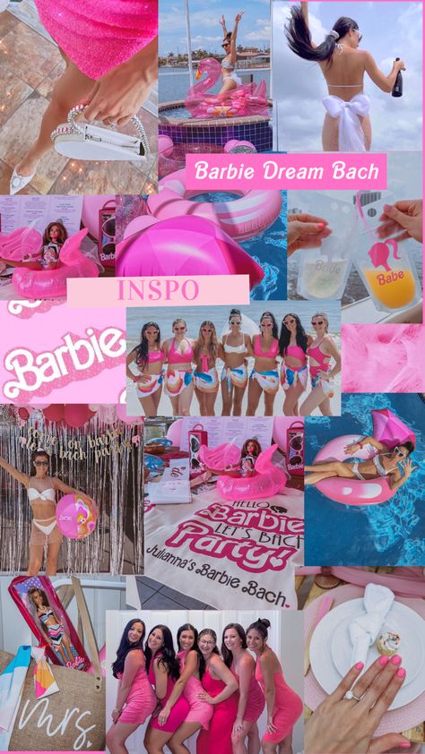 Barbie Rush Theme, Barbie Inspired Outfits Pool Party, Barbie Bachelorette Party Itinerary, Barbie Beach Bachelorette, Barbie College Party, Bachelorette Barbie Outfit, Barbie Bachelorette Outfit, Barbie Bachelorette Aesthetic, Barbie Found Her Ken Bachelorette