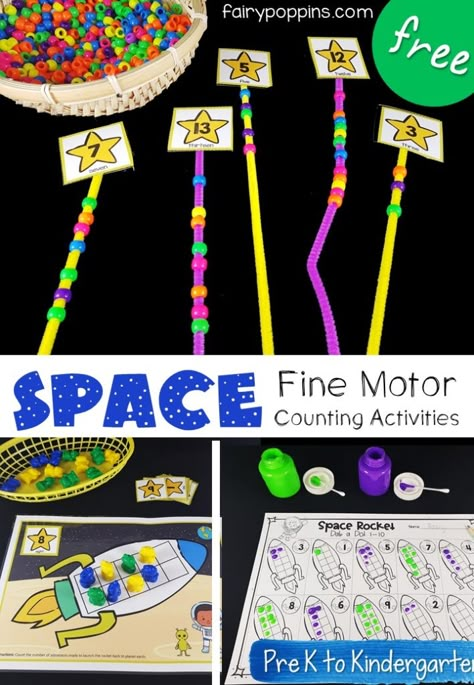 These FREE space counting activities help kids develop their fine motor and counting skills. They focus on the numbers 1 to 20. #tenframes #countingactivities #countingworksheets #preschoolmath #kindergartenmath #spaceunit #spacetheme #handsonmath #freeprintables #homeschool Space Fine Motor, Space Activities Preschool, Space Lesson Plans, Outer Space Activities, Planets Activities, Space Theme Classroom, Solar System Activities, Space Theme Preschool, Counting Mats