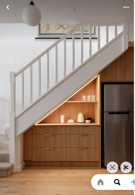 Under The Stair Cupboard Ideas, Kitchen Storage Under Stairs, Under Stair Cupboards, Kitchen Under Stairs Ideas, Nook Under Stairs Ideas, Kitchen Near Stairs, Appliance Nook, Kitchen Cabinets Under Stairs, Under Stairs Kitchen