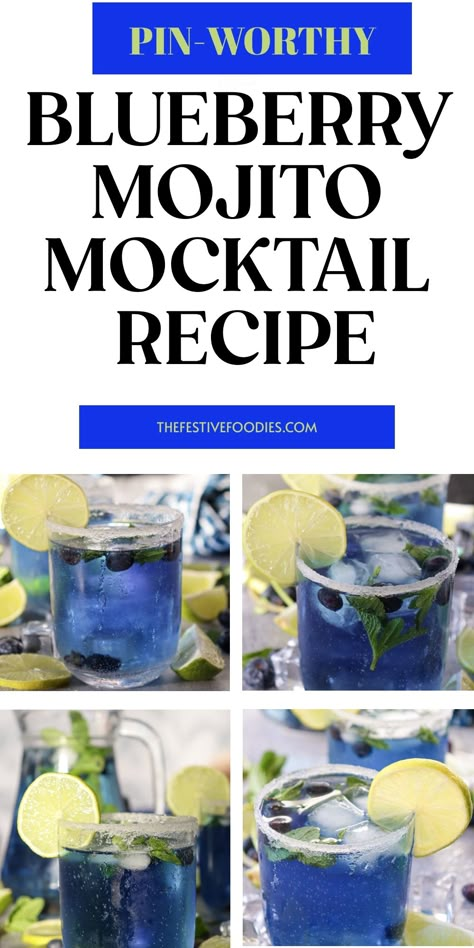 Blueberry Mojito Mocktail Recipe Signature Drinks Non Alcoholic, Blueberry Punch, Blueberry Drinks Nonalcoholic, Blueberry Mocktail, Blue Mocktails Non Alcoholic, Mocktail Blueberry, Blueberry Basil Mocktail, Blue Mocktail Recipe, Blueberry Mint Cocktail