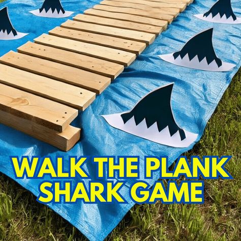 Walk The Plank Shark Game For Shark Parties - fun shark themed games for shark parties, Shark Week watch party, Baby Shark parties, ocean theme party or even a pirate party game idea #partygames #sharkparty #sharktheme #pirateparty #oceanparty #gamesforkids #birthdaygames Baby Shark Scavenger Hunt, Ocean Birthday Party Games, Baby Shark Activities, Shark Games For Kids, Walk The Plank Game, Shark Activities For Kids, Party Family Games, Bbq Party Games, Fun Party Activities