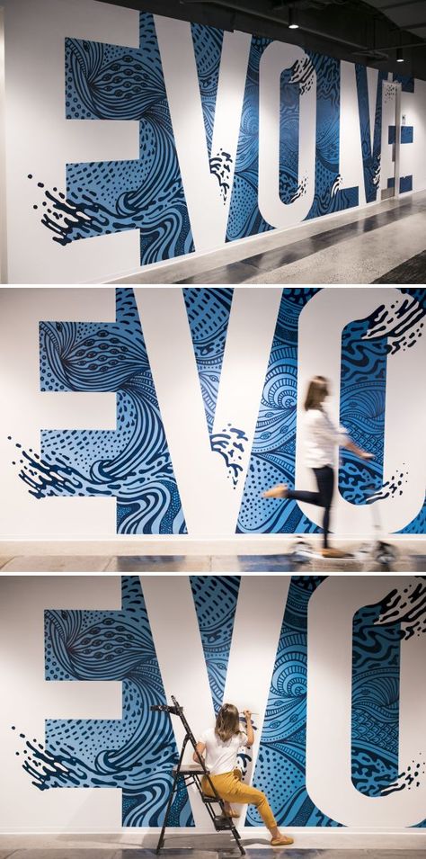 Evolve by Refinery 43 at John Hancock Tower Boston Wall Design Inspiration, Inspirational Murals Quotes, Office Wall Graphics Design, Corporate Wall Mural, Black And White Murals, Office Statement Wall, Boutique Mural, Typographic Mural, School Wall Graphics