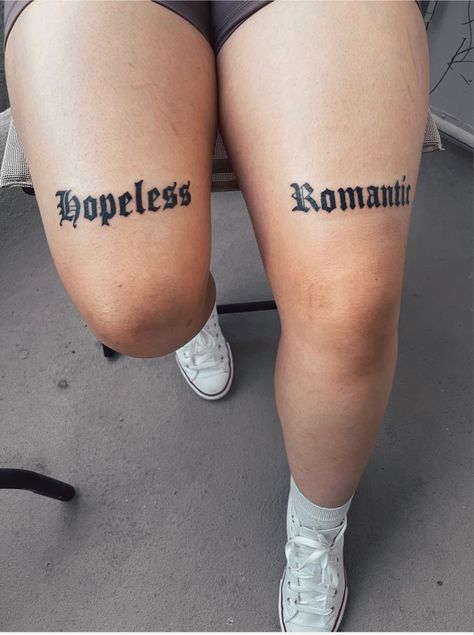 Chest Tattoos For Women Unique, Upper Knee Tattoo Women Words, Tattoo Word Ideas, Knee Tattoo Words, Over The Knee Tattoo, The Knee Tattoo, Back Of Leg Tattoos, Word Ideas, Romantic Tattoo