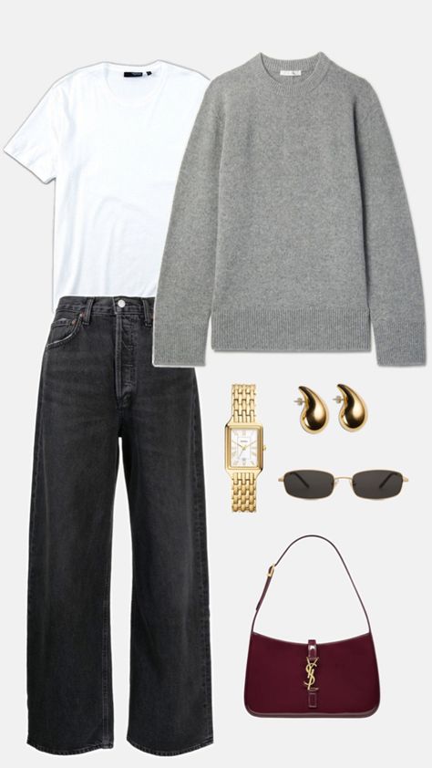 Black jeans, oversized gray sweater and gold accessories Different Body Sizes, Cool Outfit Ideas, Outfit Looks, Cool Outfit, Fashion Diy, Friends Show, Diy Hacks, Outfit Ideas, Grey