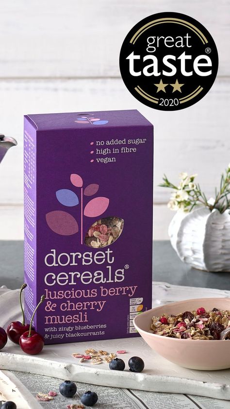 Breakfast Cereal Photography, Cereals Photography, Creative Cereal Packaging Design, Dorset Cereals Packaging, Nature's Cereal Aesthetic, Dorset Cereals, Cherry Granola, Organic Cereal, Chocolate Cereal