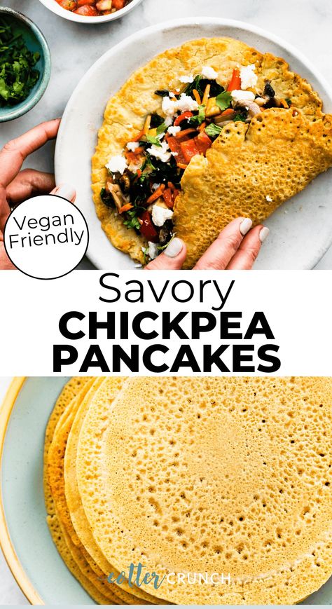 These Savory Chickpea Pancakes are made with minimal ingredients for a flourless recipe that’s gluten-free, high fiber, and full of plant-based protein. Paired with savory fillings, they’re perfect for breakfast, brunch, dinner, and everything in between! Chickpea Pancakes Vegan, Legume Recipes, Chickpea Pancakes, Protein Vegan Recipes, Savoury Breakfast, High Fiber Breakfast, Plant Based Recipes Breakfast, Pancakes Vegan, High Protein Vegan Recipes