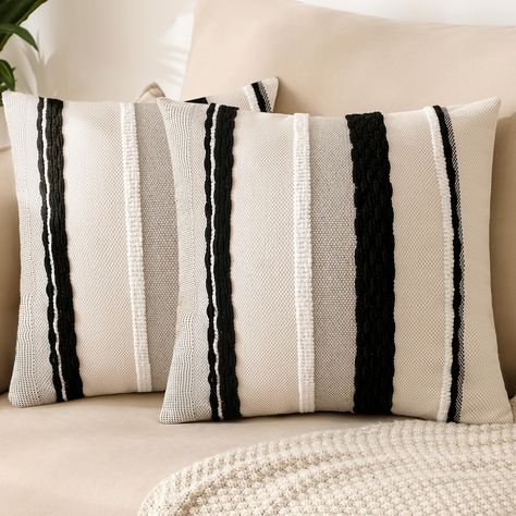 PRICES MAY VARY. Modern Bohemian Aesthetic:This unique design of throw pillows for couch features luxurious Chenille fabric on the front, intricately woven into different textures and adorned with exquisite 3D raised tufted designs, while the back is made of premium polyester-cotton material. It brings a modern Bohemian style to your home. The combination of modern design and Chenille stripe tufted provides both visual and tactile appeal, enriching your living space. Soft and Durable Fabric:This Black White Throw Pillows, Black Couch Throw Pillows, Black And White Beach House Decor, Taupe Couch, Bed Black And White, Tufting Techniques, Chimney Decor, Throw Pillow Combinations, Modern Bohemian Decor