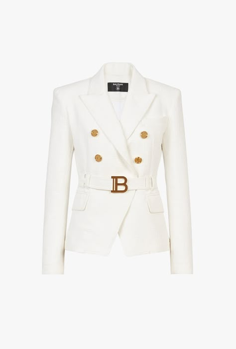 Double Breasted White Cotton Blazer With Balmain Buckle for Women - Balmain.com Curve Outfits, Balmain Designer, Jet Privé, Balmain Jacket, Balmain Fashion, Balmain Blazer, Vest Suit, Half Jacket, Office Suit