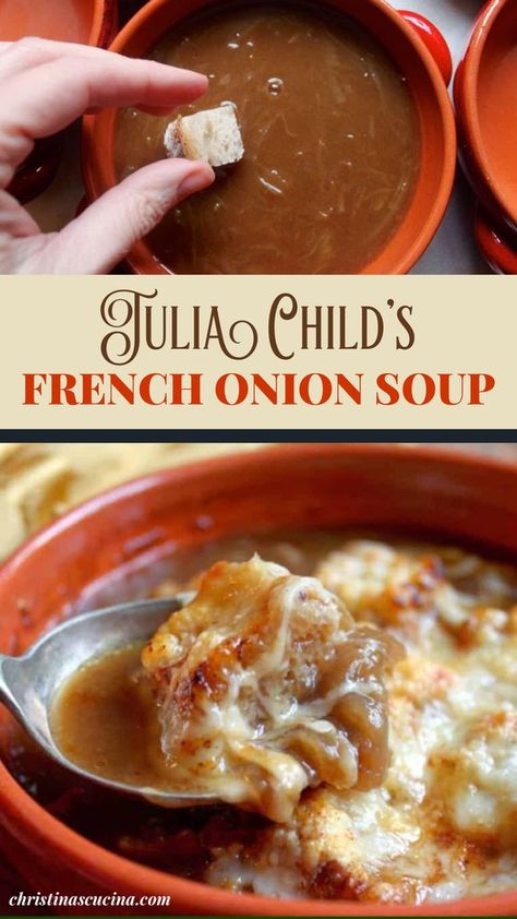 The French onion soup Julia Child made is a classic recipe, but I made one tiny change which I think makes the eating and enjoying of the soup much easier. Sorry, Julia! Best French Onion Soup, Classic French Onion Soup, French Soup, French Onion Soup Recipe, Onion Soup Recipes, Stew Chicken Recipe, Recipe Vegetarian, Delicious Soup Recipes, Soup Kitchen