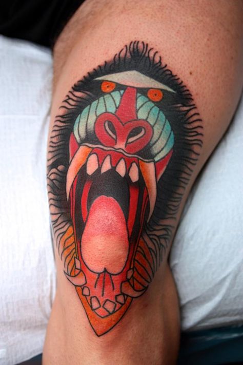 Traditional Tattoo. Knee Tat. Mandrill. American Traditional Monkey Tattoo, Traditional Monkey Tattoo, Circus Tattoo, Storm Tattoo, Hunter Tattoo, Favorite Tattoos, Monkey Tattoos, Bug Tattoo, Traditional Flash