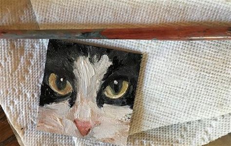 Tiny Cat Painting, Cat Canvas Art, Cat Mini Painting, Mini Canvas Cat Painting, Mini Cat Painting, Painting Ideas Cat, Cat Painting Easy, Mini Paintings Ideas, Tuxedo Cat Painting