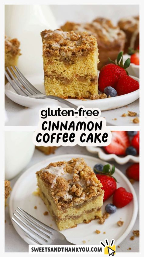 Our Gluten-Free Cinnamon Coffee Cake recipe has all the classic flavor you love, simply made gluten-free! This gluten-free crumb cake might just become your new favorite holiday breakfast. We combine fluffy, buttery vanilla cake with two layers of brown sugar cinnamon streusel topping for a delicious special occasion breakfast treat your whole family will love. Get the recipe at sweetsandthankyou.com Coffee Cake Recipes Gluten Free, Gf Coffee Cake Recipes, Gluten Free Crumb Cake, Gluten Free Cinnamon Coffee Cake, Gluten Free Coffee Cake Recipe, Chinoiserie Diy, Gluten Free Overnight Oats, Gluten Free French Toast, Cinnamon Streusel Topping