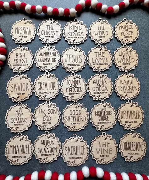 Scripture Ornaments, Names Of Jesus Advent, Advent Ornaments, Nativity Tree, Name Ornaments, Laser Cut Decor, Names Of Christ, Christ Centered Christmas, Christian Ornaments