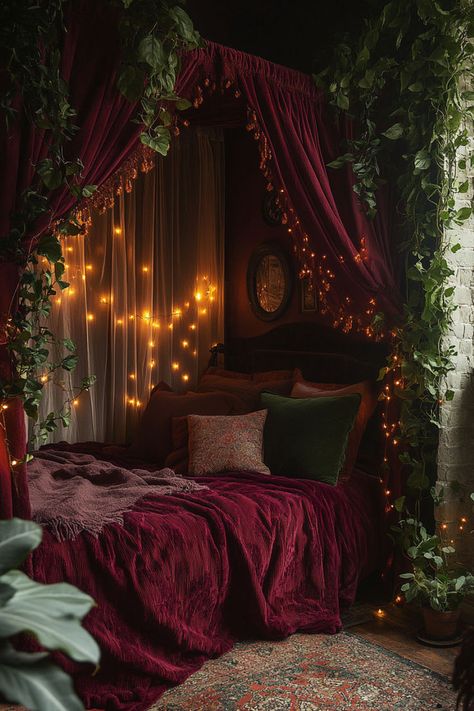 Canopy bed with sheer fabrics surrounded by burgundy velvet curtains and hanging plants. Dark Red Bedroom, Dark Artsy, Dark Boho Bedroom, Boho Bedroom Inspirations, Dark Boho, Gothic Bedroom, Dream Bedroom Inspiration, Moody Bedroom, Dark Home Decor