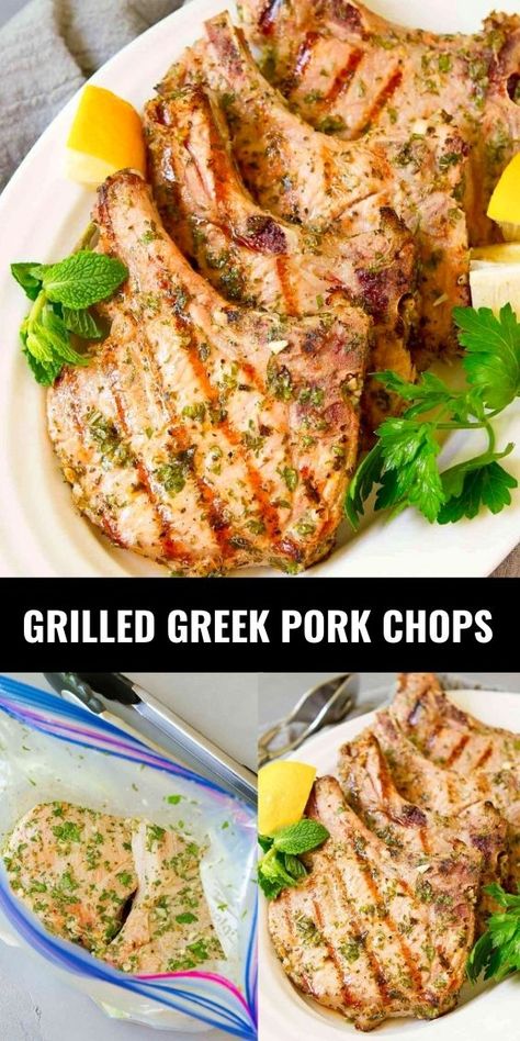 Grilled pork chops on white plate and raw pork chops in a zip top plastic bag. Greek Pork Chops, Pork Sirloin Chops, Greek Pork, Vegetarian Grilling Recipes, Pork Chop Marinade, Pork Sirloin, Pork Marinade, Juicy Pork Chops, Pork Loin Chops