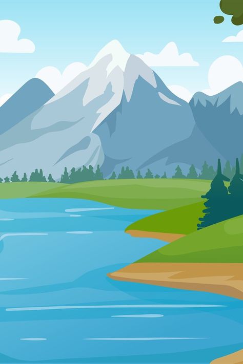 Mountain and lake landscape. Cartoon rocky mountains, forest #forest #lake #summer Mountain Lake Illustration, Mountain Cartoon, Lake Drawing, Bird Mural, Characters Sketch, Painting Wallpapers, Cartoon Mountain, Cartoon Landscape, Cartoons Drawing