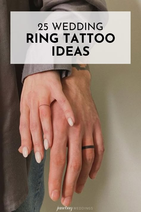 Rings Tattoo Wedding, Wedding Ring Band Tattoo, Tattooed Rings Wedding, Tatooed Wedding Rings, Minimalist Wedding Ring Tattoo, His And Her Finger Tattoo Ideas, Male Ring Tattoo Wedding Bands, Couple Tattoo Ring Finger, His And Hers Finger Tattoos