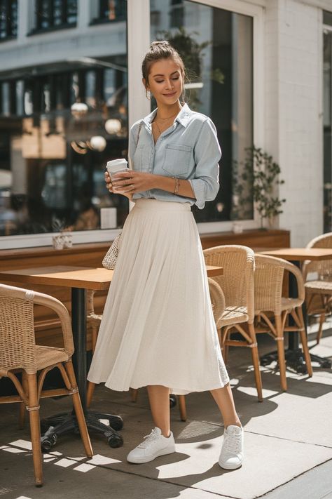 15 White Skirt Outfit Ideas You’ll Love To Wear This Season – fashionbylina.com Long Cream Pleated Skirt Outfit, White Button Down Shirt Skirt Outfit, Outfits With Cream Skirt, White Long Pleated Skirt Outfit, Spring Outfit Skirt, White Silk Maxi Skirt Outfit, White A Line Skirt Outfit, Creme Skirt Outfit, Long Cream Skirt Outfit