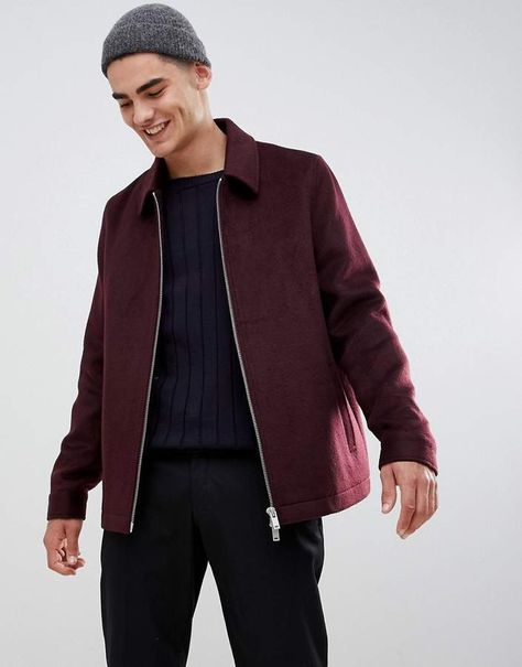 ASOS DESIGN wool mix zip through jacket in burgundy Maroon Moodboard, Retail Photography, Sewing Styles, Suede Jacket Outfit, Maroon Leather Jacket, Maroon Jacket, Asos Men, Burgundy Jacket, Mens Fashion Jeans