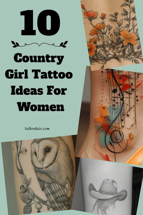 If you're a country girl at heart looking for tattoo inspiration, check out these stunning country girl tattoo ideas for women. Embrace your Southern roots with designs that showcase your love for the outdoors, wildlife, and all things rustic. From delicate wildflower bouquets to bold horses and cowboy boots, there's a design out there that perfectly captures your country spirit. Whether you prefer small and subtle tattoos or larger statement pieces, these country girl tattoos are sure to make a Minimalist Country Tattoo Ideas, Cowboy Boot Tattoo Design, Nashville Tattoo Ideas Country Music, Dirt Road Tattoo, Country Themed Tattoos, Country Girl Tattoo Ideas, Music Tattoos For Women Beautiful, Country Spine Tattoos, Farm Tattoos For Women