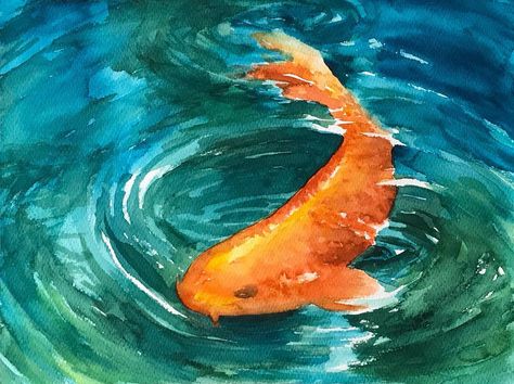 Koi Fish Pond Painting Watercolor, Duck In Pond Painting, Watercolor Pond Painting, Koi Fish Oil Pastel, Metamorphosis Art Ideas, Koi Fish Underwater, Watercolour Seascapes, Pond Watercolor, Fish Watercolor Painting