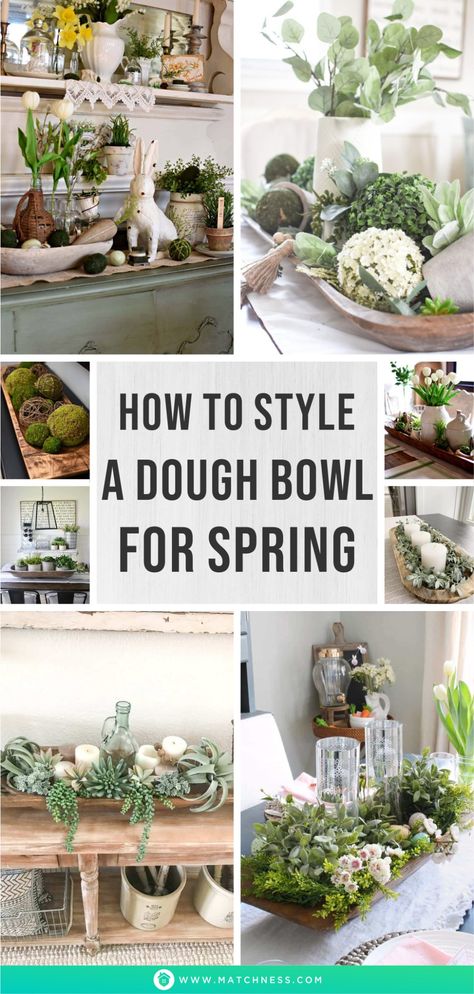 How to Style a Dough Bowl for Spring - Matchness.com Dining Room Table Centerpiece Ideas With Lanterns, Wooden Bowl Centerpiece Ideas, Large Dough Bowl Centerpiece, Round Wood Bowl Decor Ideas, Round Dough Bowl Centerpiece, Easter Centerpieces Table Dining Rooms, Long Dough Bowl Centerpiece, Spring Vignettes Display Ideas, Easter Coffee Table Decor