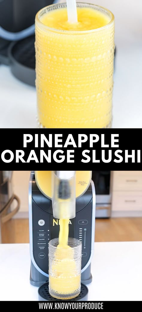 This Pineapple Orange Juice Slushie makes for a refreshing treat using fresh fruit juice and not sugar added in the Ninja Slushi. Pina Colada Ninja Slushi, Icee Slushie Machine Recipe, Ninja Slushi Frozen Hot Chocolate, Ninja Slushy Recipe, Ninja Slushie Machine Coffee Recipes, Frozen Drink Recipes Nonalcoholic, Vodka Slush Recipe Frozen, Ninja Slushie Recipes Margarita, Ninja Frozen Drink Recipes