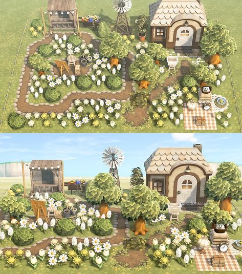 Acnh Garden Cottagecore, Acnh Garden Island, Acnh Small Garden Ideas, Acnh Island Garden Ideas, Acnh Hhp Outdoor Ideas, Able Sisters Animal Crossing Ideas Cottagecore, Animal Crossing Island Inspiration Garden, Acnh Hhp Garden, Acne Cottagecore