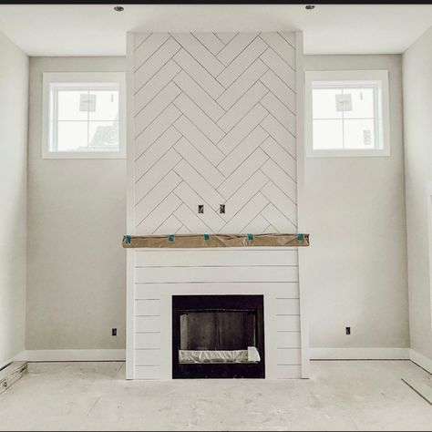 Reface Electric Fireplace, Herringbone Shiplap Fireplace, Herringbone Fireplace Wall, Tile And Shiplap Fireplace, Chevron Fireplace, Herringbone Shiplap, Shiplap Designs, Subway Tile Fireplace, Agreeable Grey